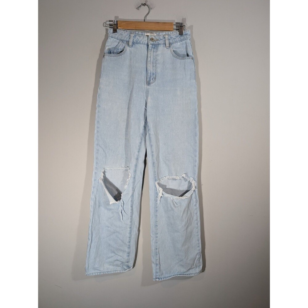 Rollas High Rise Loose Straight Jeans Light Wash Distressed Ripped Knee Sz 25